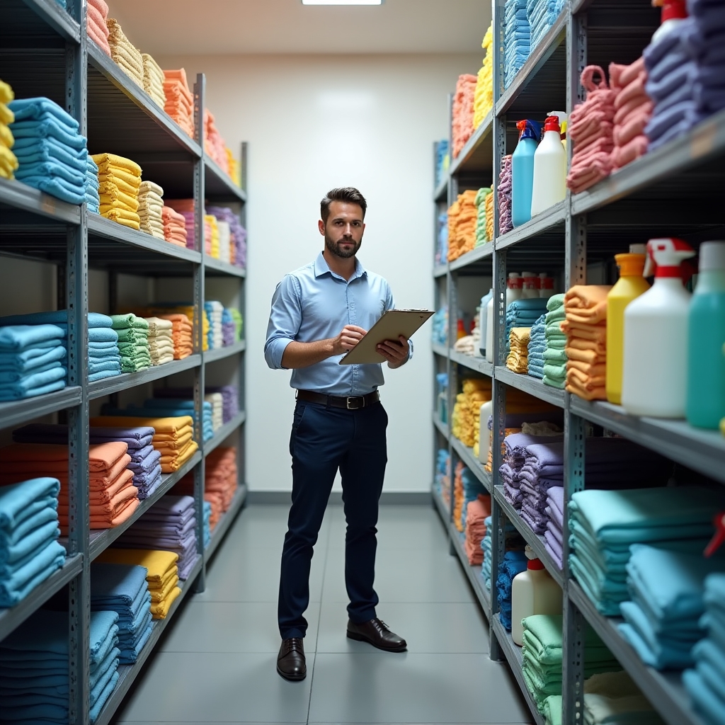 Scaffale con materiali di consumo per pulizie industriali tracciati nel sistema