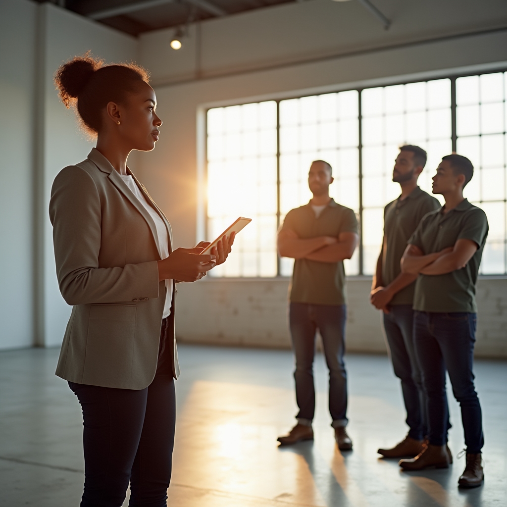 Team di operatori di pulizia durante il briefing mattutino