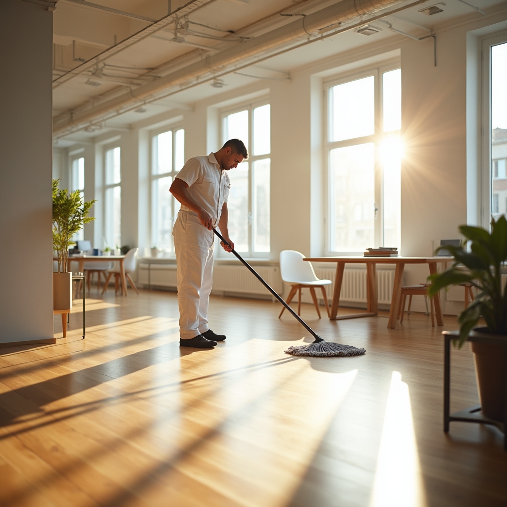 Operatore professionale durante intervento di pulizia in ufficio moderno
